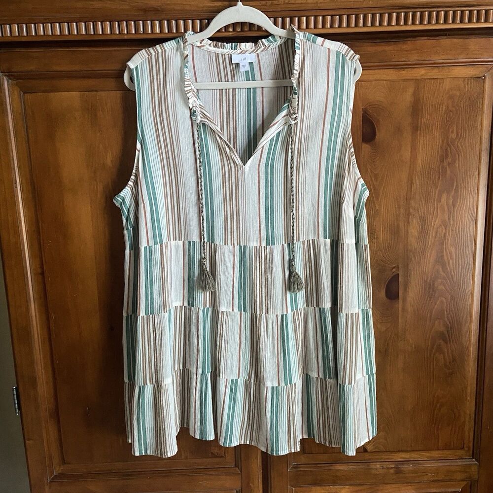 J.Jill Tiered Tunic Gauzy Blouse Size XL Tassel Tie V-Neck Boho Beachy Cream